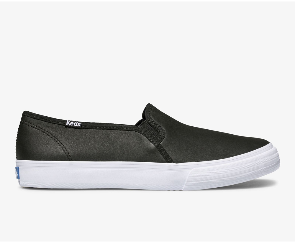 Keds Womens Slip Ons Black - Double Decker Leather - 103QHESIY